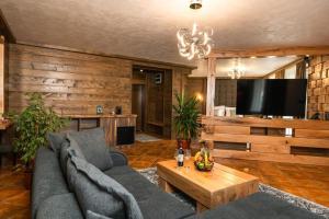 a living room with a couch and a tv at V Chalet Residence in Velingrad