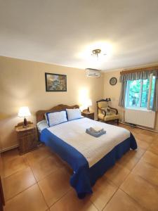 a bedroom with a large bed with blue pillows at Country House Uliana in Tskaltubo