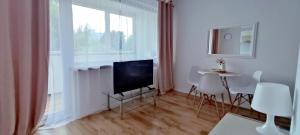 グダニスクにあるBlue Sky 1Studio Gdańskのリビングルーム(テレビ、テーブル、椅子付)