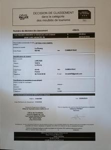 Certifikát, ocenenie alebo iný dokument vystavený v ubytovaní L'étoile de Zakiel