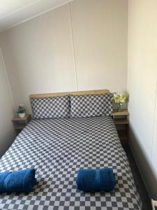 クラクトン・オン・シーにあるHighfield Grange Holiday Parkのベッドルーム1室(青い枕2つ付きのベッド1台付)