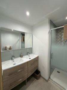 a bathroom with a sink and a shower at Les Marais Blancs à Picauville in Picauville +57 photos