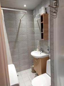 a small bathroom with a sink and a toilet at Kesklinna korter in Kuressaare