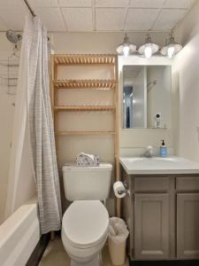 a bathroom with a toilet and a sink and a tub at Moose Tracks Lodge - Pool, Hot Tub, Golf, Sauna in Killington