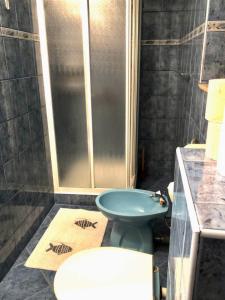 a bathroom with a blue toilet and a shower at Apartment Aida in Karlobag +27 photos