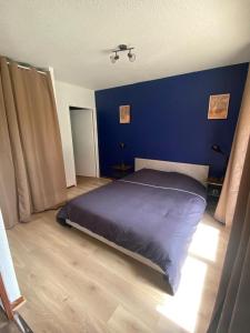 a bedroom with a bed with a blue wall at Roy apartment in Douvaine
