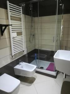 un bagno con wc, lavandino e doccia di Alloggio Turistico Castel di Leva a Castel di Leva