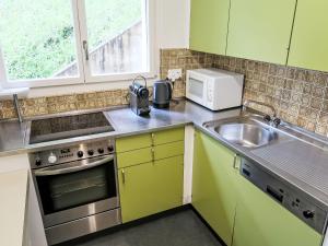 a kitchen with green cabinets and a sink and a microwave at Apartment Ringstrasse - Utoring-38 by Interhome in Leukerbad +16 photos