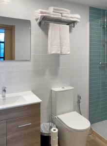 a bathroom with a toilet and a sink and a mirror at Dormavalencia Crónica in Valencia