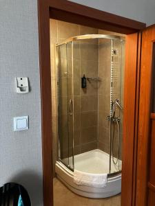 a shower with a glass door in a bathroom at Pensjonat U Kota Wasyla in Chodzież