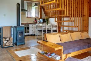 ヴェリカ・プラナにあるChalet Velebitska Kućaのリビングルーム(ソファ、薪ストーブ付)
