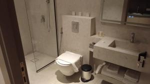 a bathroom with a shower and a toilet and a sink at Gardens Hotel in Amman