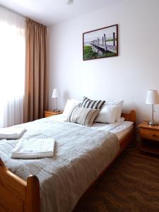 sypialnia z dużym łóżkiem i oknem w obiekcie Apartamenty Vega w Charzykowach