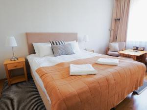 sypialnia z dużym łóżkiem i dwoma ręcznikami na nim w obiekcie Apartamenty Vega w Charzykowach