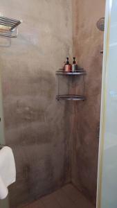 a bathroom with a shower with a shelf on the wall at 山海高台民宿 M&S nature view house in Chenggong +35 photos