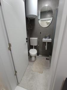 une petite salle de bain avec toilettes et miroir dans l'établissement Pesacka Zona Apartment, à Novi Pazar 6 autres photos
