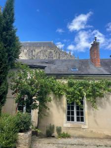 勒芒Chambres d'hôte - Maison des écrivains - 50 m de la cathédrale et place des jacobins的一栋窗户朝向大教堂的房子