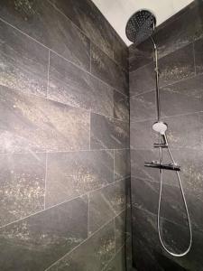 een douche in een badkamer met zwarte tegels bij Le Nocturno in Cluses