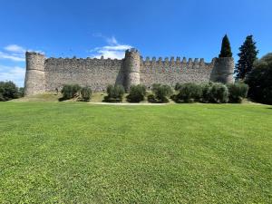 a large stone wall with a green field in front at Moniga Castle Apartment in Moniga