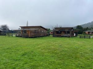 a group of huts in a field with green grass at Patagonia Puelo Lodge in Cochamó