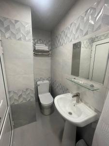 a bathroom with a sink and a toilet and a mirror at ARM Garden EVN Zvartnots in Pʼarakʼar