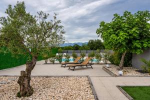 two benches in a garden with two trees at Holiday home Olive Hill in Brig