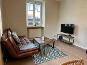 Una sala de estar con un sofá de cuero y un televisor. en Ferienhaus mit gemütlichen Freisitz für bis zu 10Personen, en Lörrach