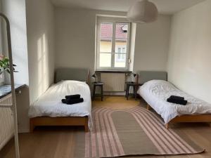 Un dormitorio con dos camas y una ventana. en Ferienhaus mit gemütlichen Freisitz für bis zu 10Personen, en Lörrach 18 fotos más