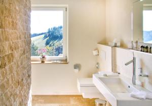 un bagno con lavandino e finestra di Gut Lilienfein - Gesundheitsoase mit Naturheilzentrum a Wieden