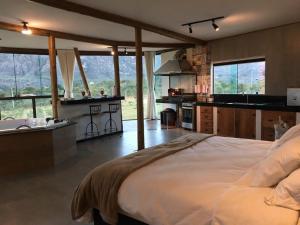 een slaapkamer met een groot bed en een keuken bij Casa 422 - Loft Oliveira in Santana do Riacho