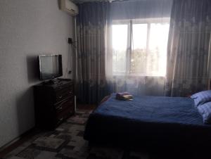 a bedroom with a bed and a tv and a window at Квартира in Taraz