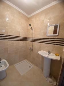 een badkamer met wastafel en douche bij Apparemment Noura in Tetouan