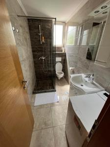a bathroom with a shower and a sink and a toilet at Apartmani Pantovic - Apartman 1 in Trebinje