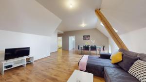 un salon avec un canapé et une télévision dans l'établissement Le nid perché Mulhouse, à Mulhouse