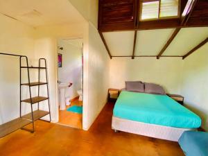 a bedroom with a bed and a ladder in it at Mata Nui Eco Hostel in Hanga Roa
