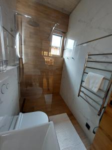 a bathroom with a toilet and a sink and a shower at Apartmán H3 Hrabušice in Hrabušice +60 photos