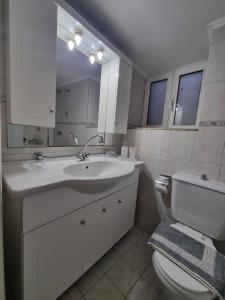 a bathroom with a sink and a toilet and a mirror at Nature's Nook Paxos in Vlachopoulátika