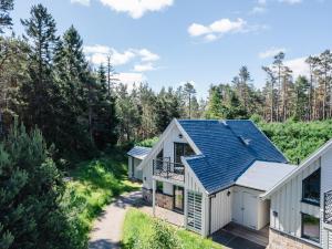 an aerial view of a house with a blue roof at Wildcat Lodge in Kingussie