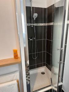 a shower with a glass door in a bathroom at Charmant T2 Meaux-gare proche Disney-Paris in Meaux +16 photos