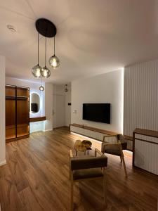 a living room with a couch and a tv at Class rooms Tirana in Tirana