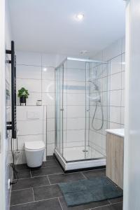 a bathroom with a shower and a toilet and a sink at 6-bed Aircon House Diaz 60m2, Many Bedrooms in Tilburg
