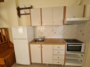 a kitchen with a white refrigerator and a sink at ANATOLIS loft houses 2 in Mola Kalyva