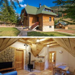 dos fotos de una casa y una casa con una mesa en PLANINSKI KUTAK Tara - Apartman 2, en Bajina Bašta