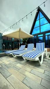 two lounge chairs and an umbrella on a patio at Aframezing Gabala in Gabala