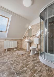 a bathroom with a shower and a toilet and a sink at Silver Cottage in Máriapócs +33 photos