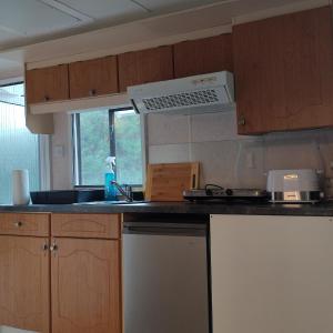 a kitchen with a sink and a stove at Rákos-patak Mobile Home garden & free parking in Budapest