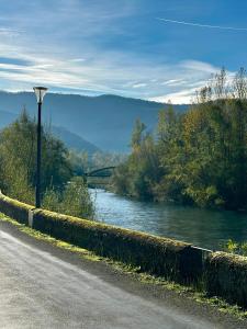 a road with a street light next to a river at La Cheminée - Chambres d'hôtes avec bar-restaurant in Tardets-Sorholus