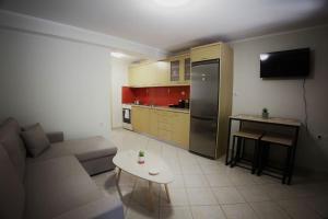 ein kleines Wohnzimmer mit Sofa und Küche in der Unterkunft Mountain Harmony Home in Konitsa