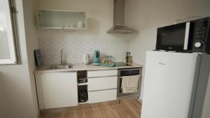 a small kitchen with a sink and a refrigerator at Pyrénées Addict, appartement full equipped in Orthez +26 photos