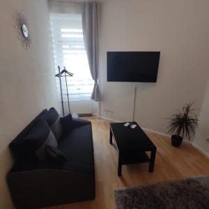 a living room with a black couch and a tv at Helles Apartment am Elberadweg in Magdeburg +1 photo